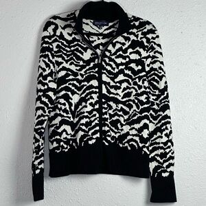 Jones New York Black & White Animal Print Zip Up Thick Knit Sweater Size Large